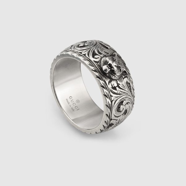 silver feline head gucci ring